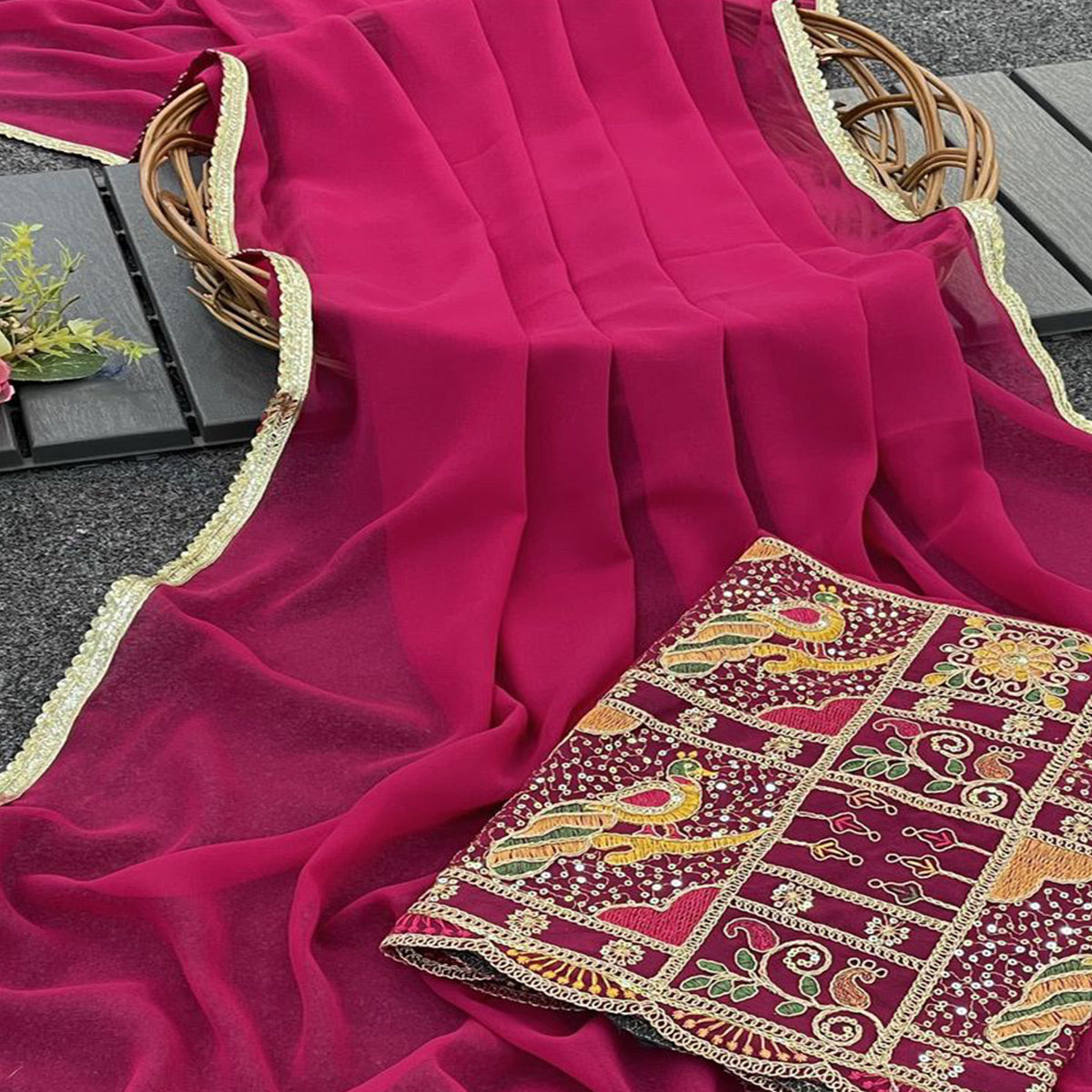 Pink Solid Georgette Saree With Sequins Embroidered Border