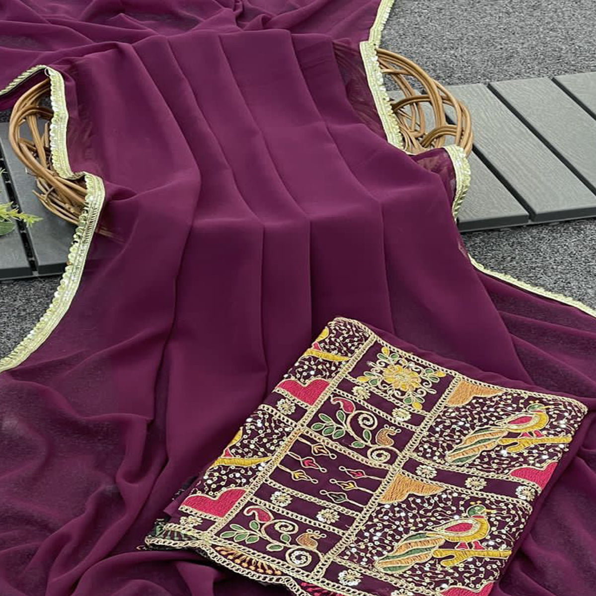 Wine Solid Georgette Saree With Sequins Embroidered Border