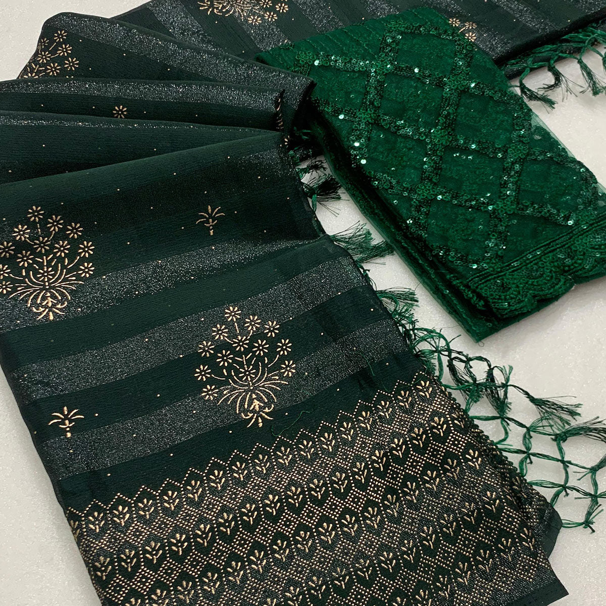 Green Emboss Floral Foil Printed Moss Art Silk Saree