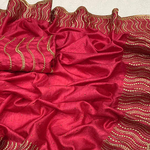 Pink Embroidered With Swarovski Work Vichitra Silk Saree