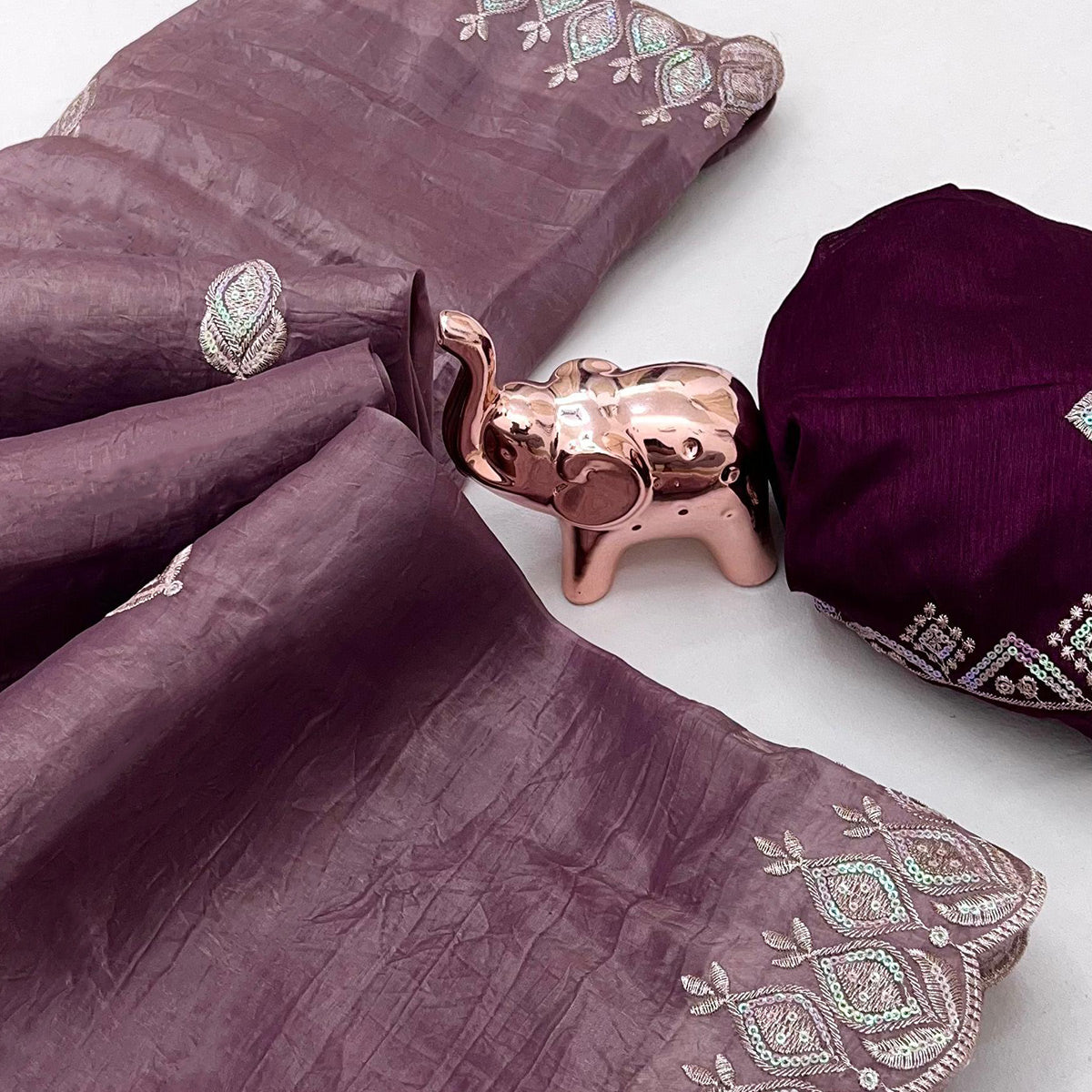 Dark Mauve Floral Sequins Embroidered Fancy Fabrics Crush Saree