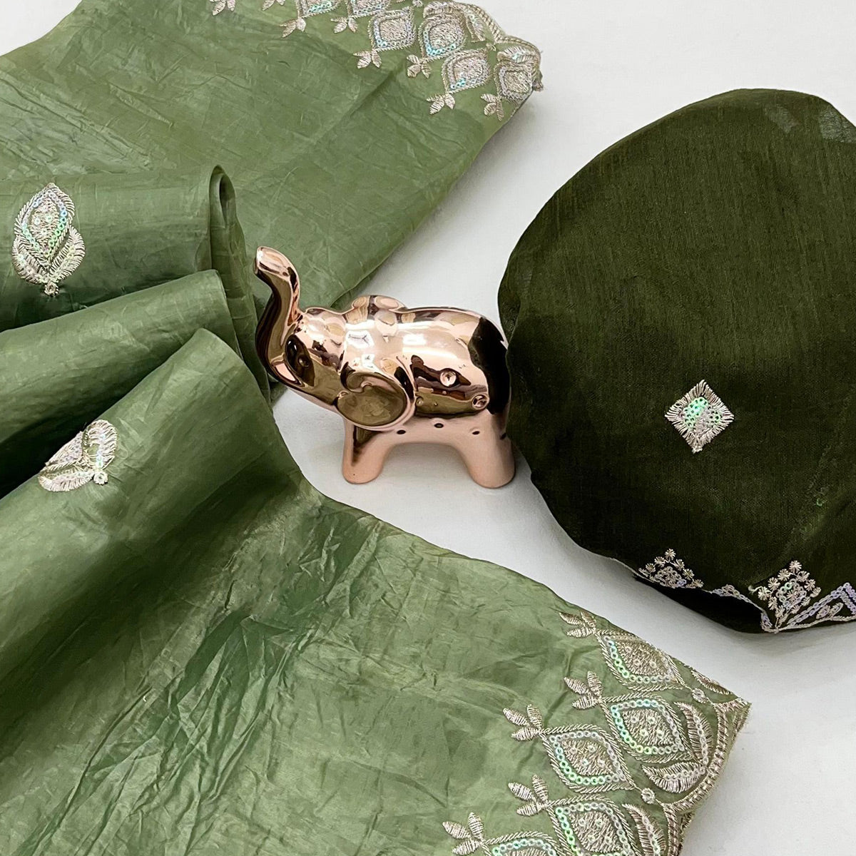 Green Floral Sequins Embroidered Fancy Fabrics Crush Saree