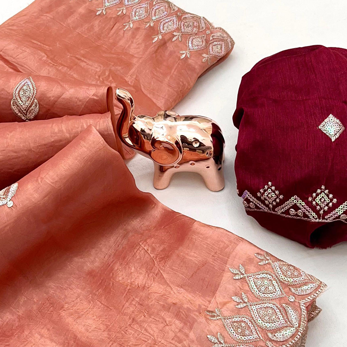 Peach Floral Sequins Embroidered Fancy Fabrics Crush Saree