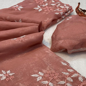 Dusty Peach Chiffon Saree Adorned With Delicate Floral Thread Embroidery
