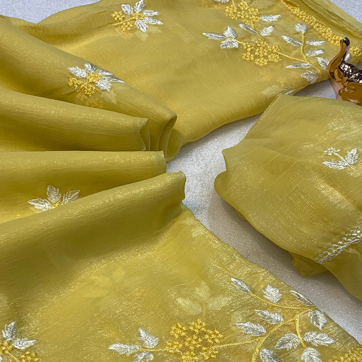 Yellow Chiffon Saree Adorned With Delicate Floral Thread Embroidery