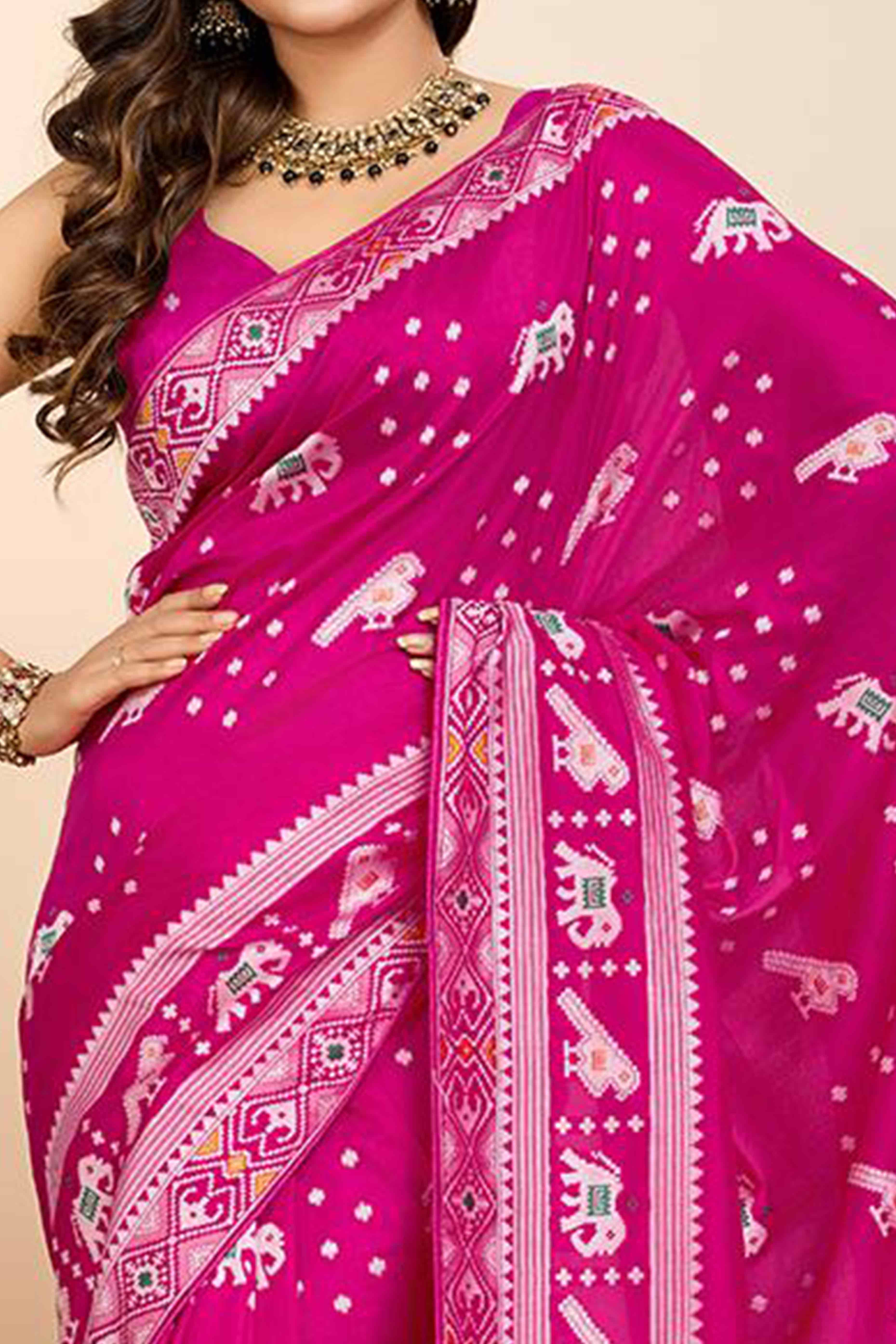 Pink Woven Dola Silk Patola Saree With Tassels