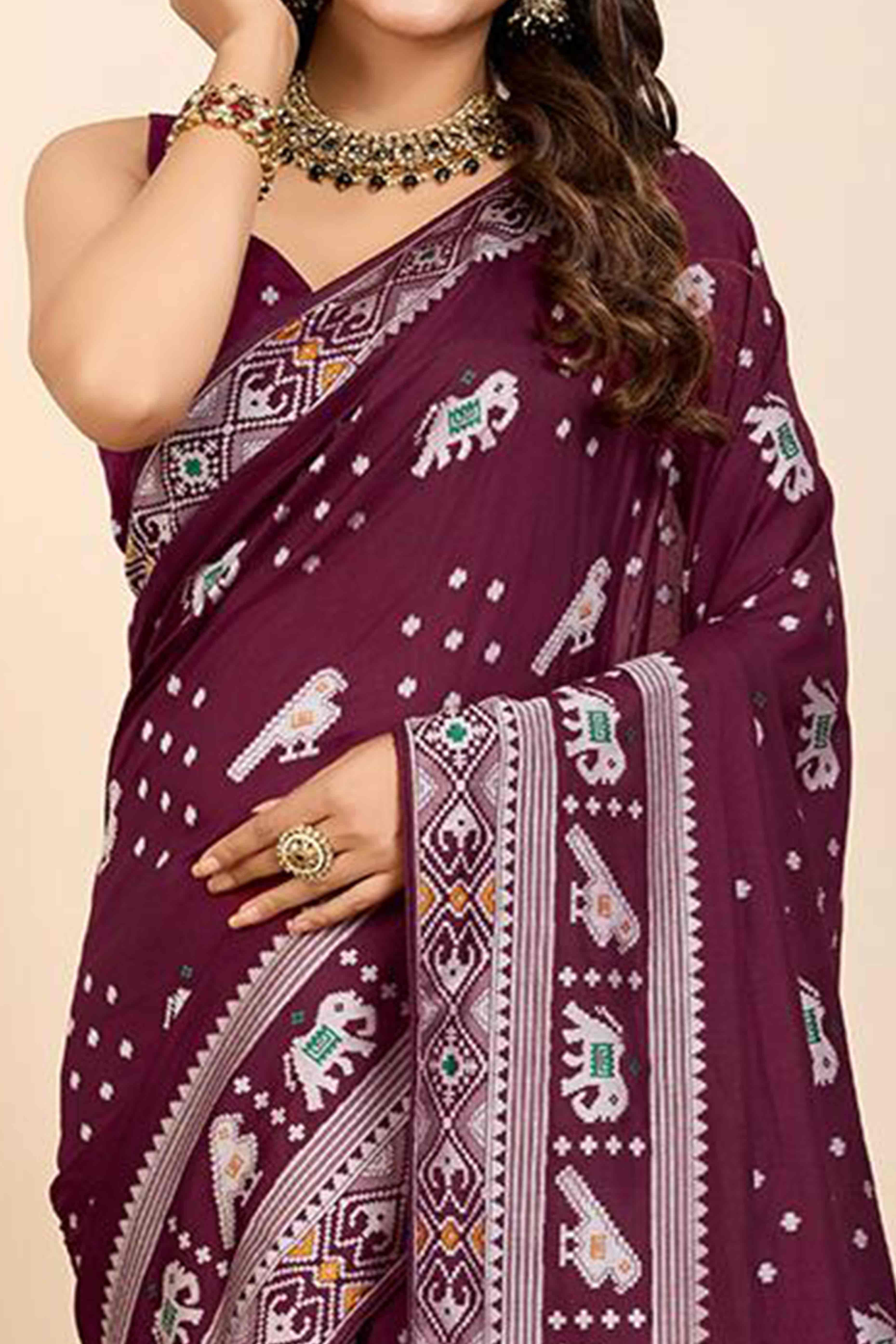 Wine Woven Dola Silk Patola Saree With Tassels