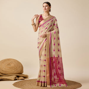 Beige Zari Woven Cotton Silk Saree