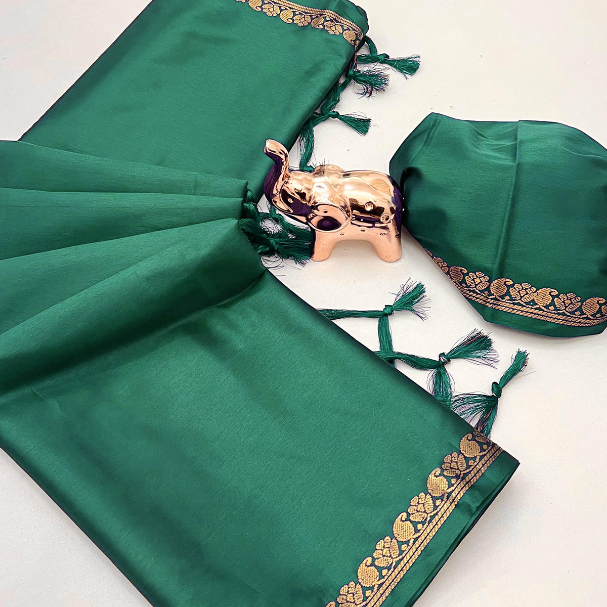Classic Dark Green Solid Weaving Mysore Silk Saree Accented With Floral Border & Tassel Pallu