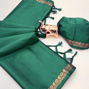 Classic Dark Green Solid Weaving Mysore Silk Saree Accented With Floral Border & Tassel Pallu