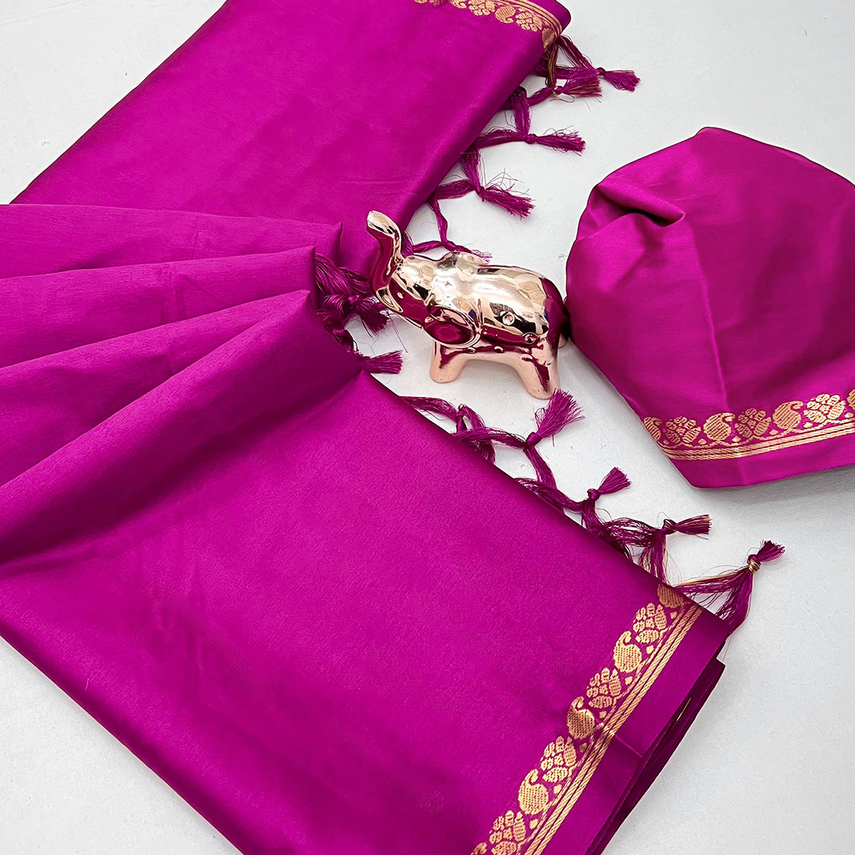 Classic Magenta Solid Weaving Mysore Silk Saree Accented With Floral Border & Tassel Pallu