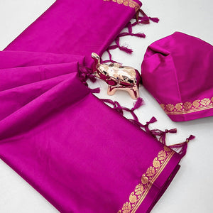 Classic Magenta Solid Weaving Mysore Silk Saree Accented With Floral Border & Tassel Pallu