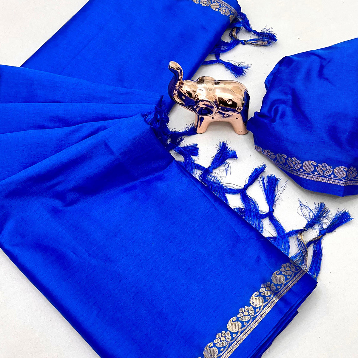 Classic Royal Blue Solid Weaving Mysore Silk Saree Accented With Floral Border & Tassel Pallu