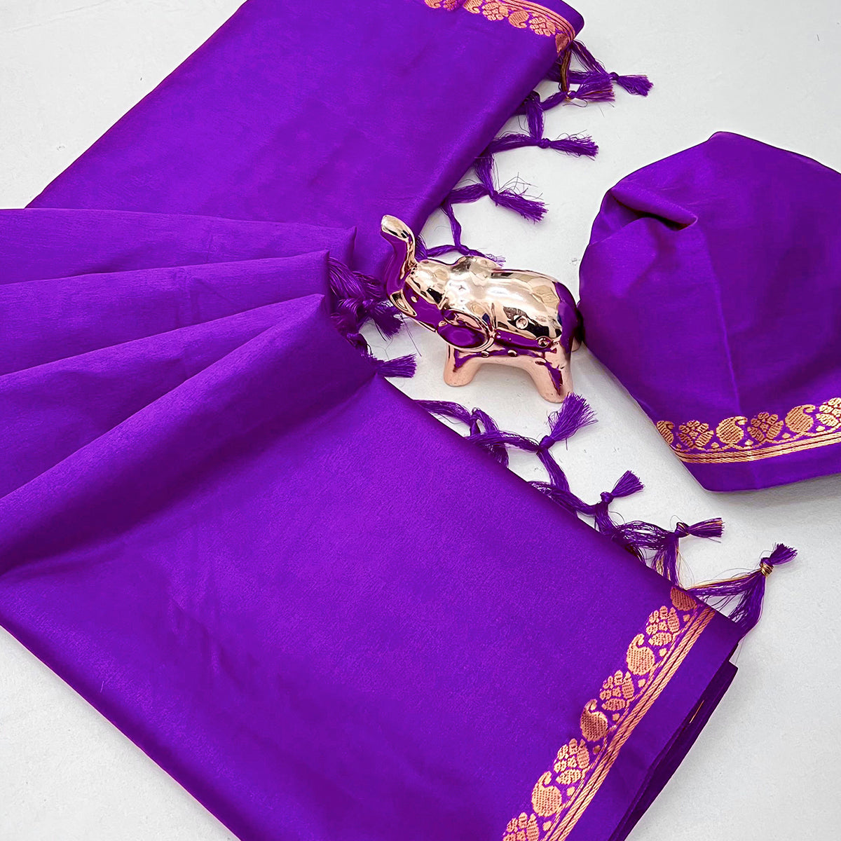 Classic Violet Solid Weaving Mysore Silk Saree Accented With Floral Border & Tassel Pallu