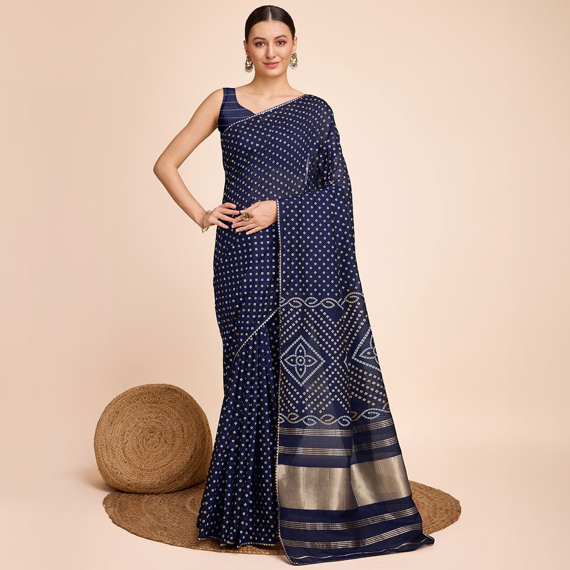 Blue Bandhani Printed Cotton Silk Saree