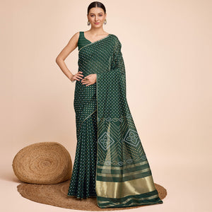 Green Bandhani Printed Cotton Silk Saree