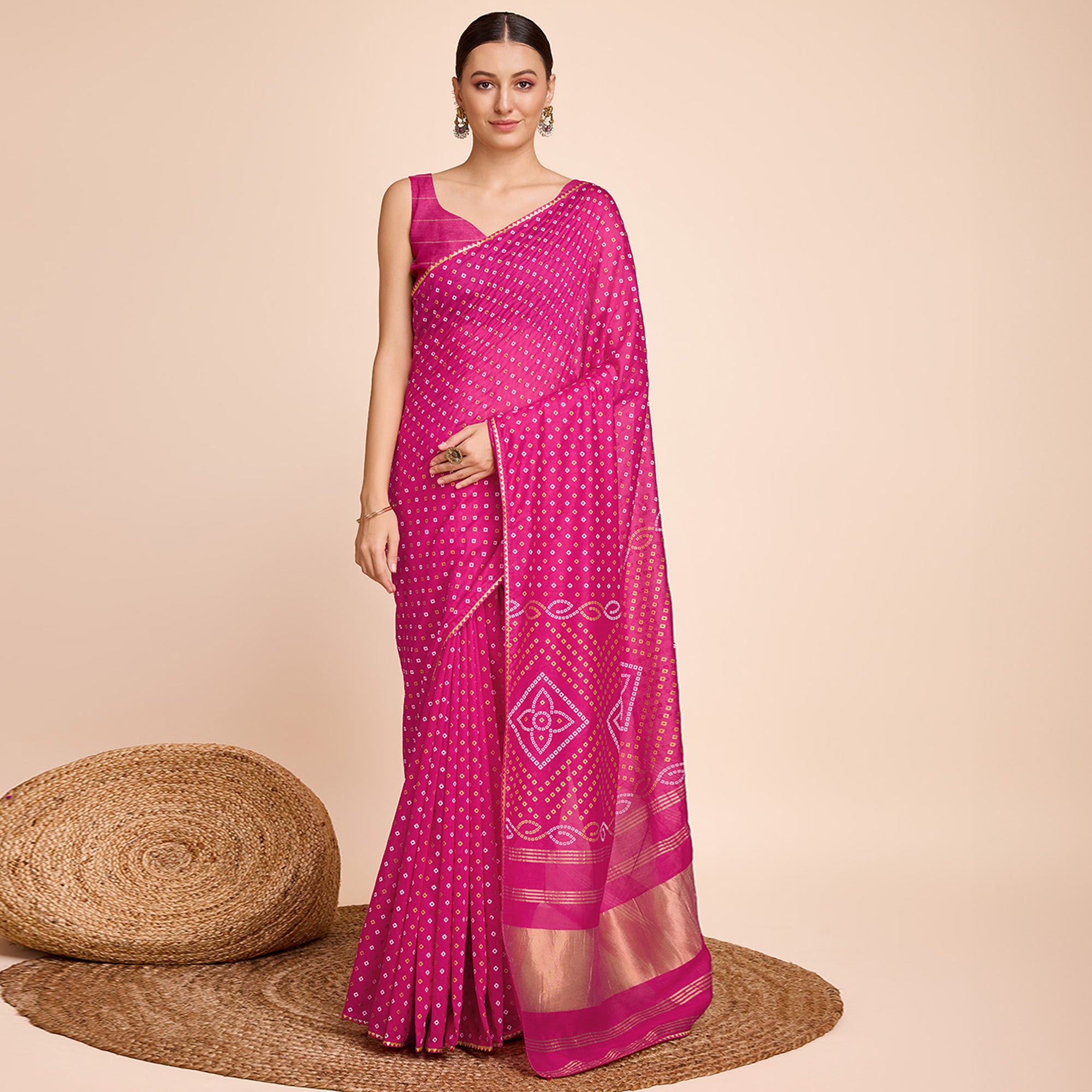 Pink Bandhani Printed Cotton Silk Saree