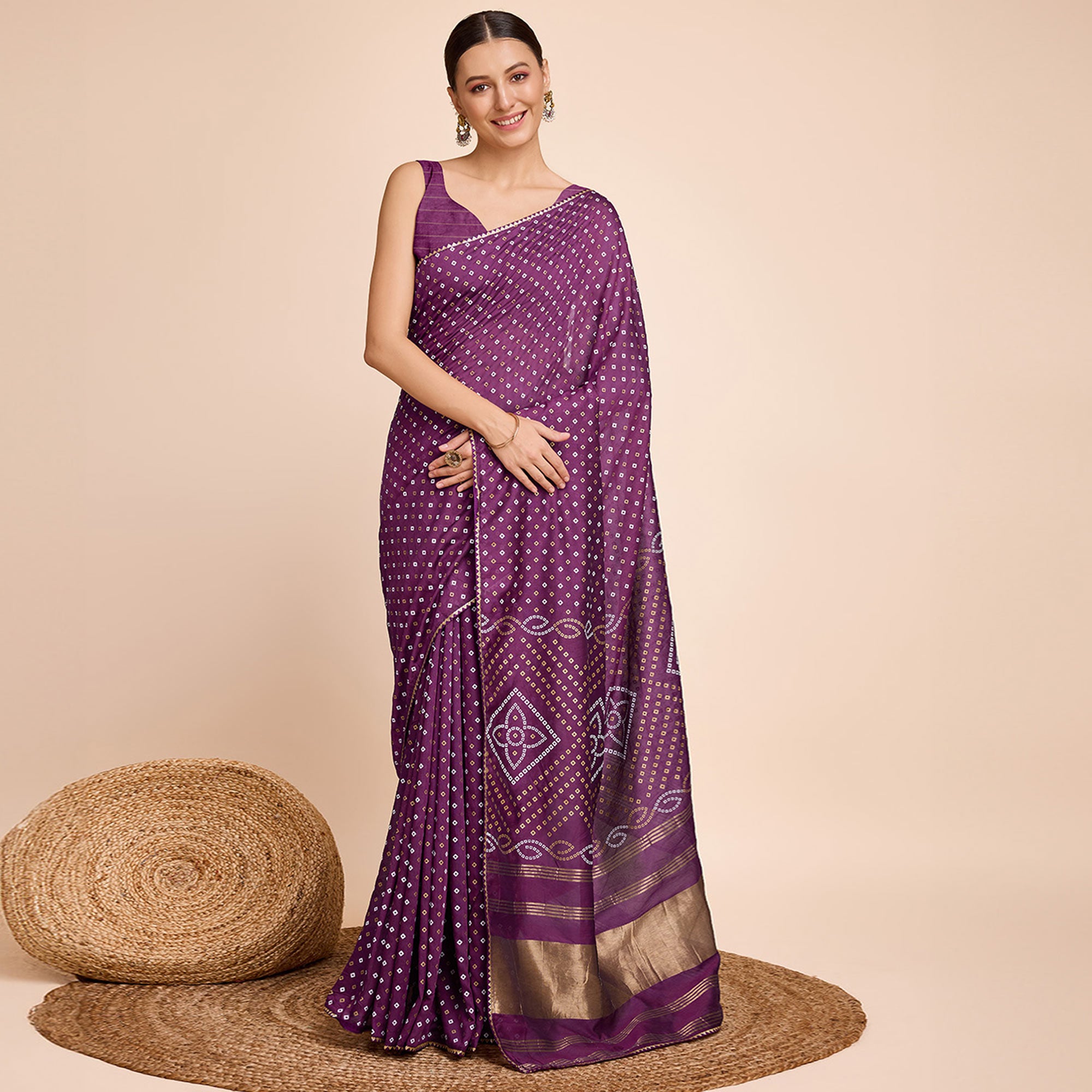 Purple Bandhani Printed Cotton Silk Saree