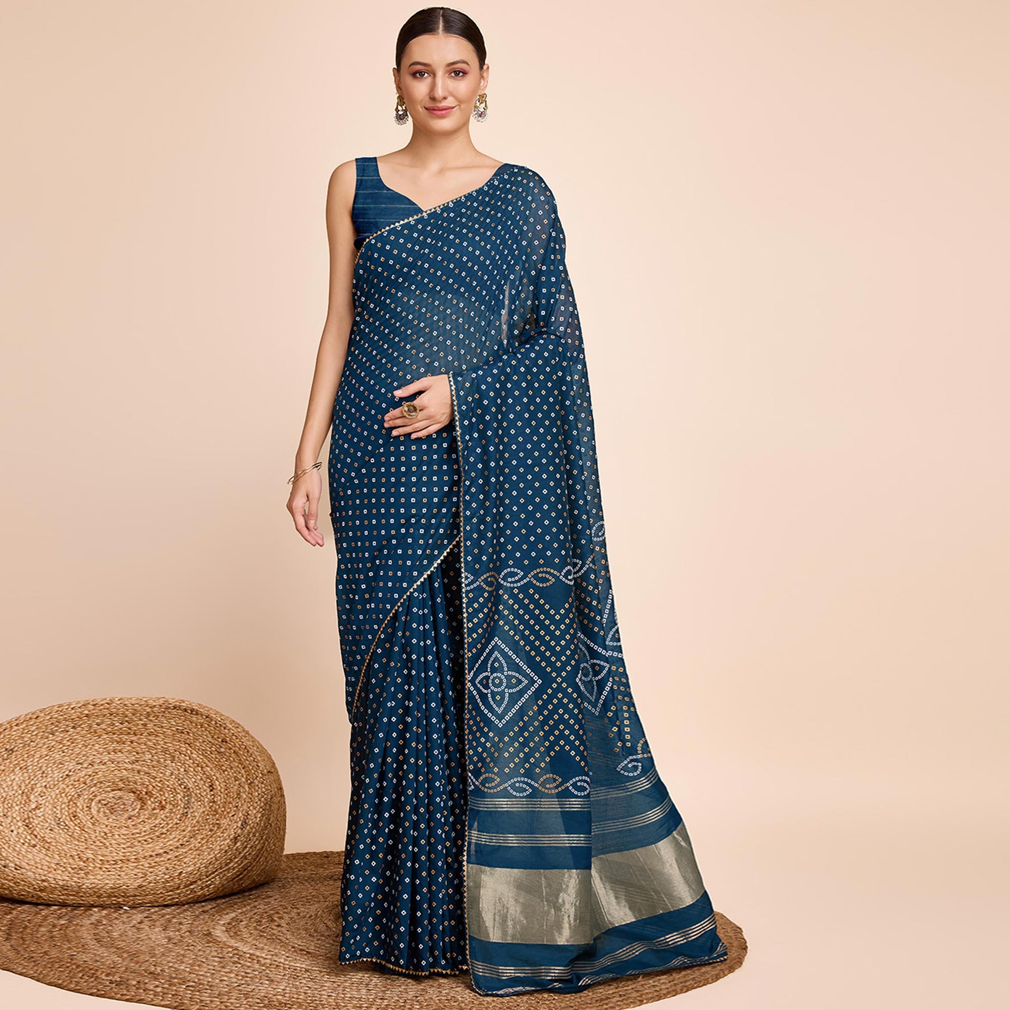 Teal Bandhani Printed Cotton Silk Saree