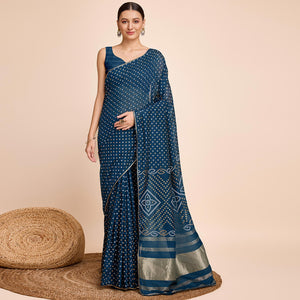 Teal Bandhani Printed Cotton Silk Saree