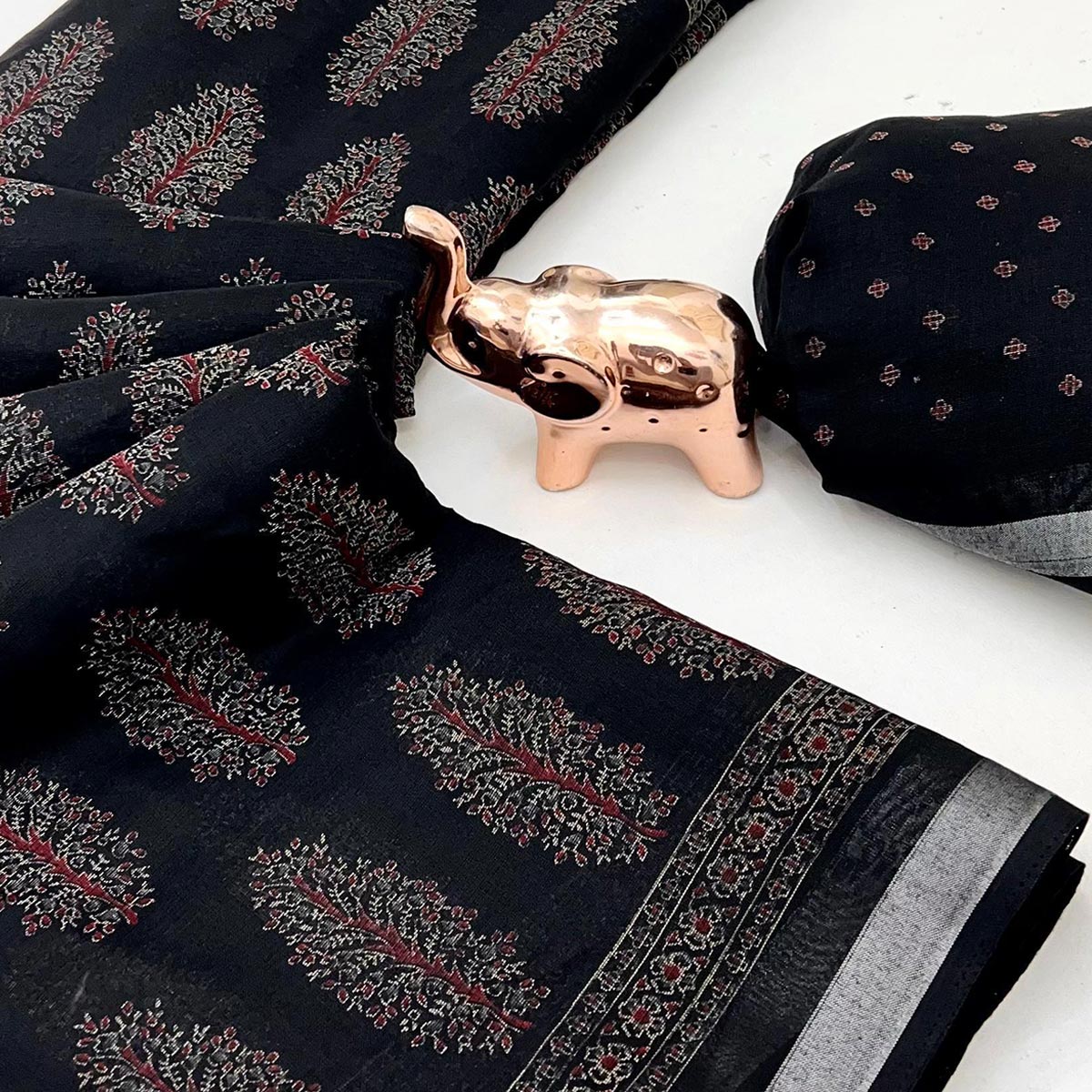 Classic Black Linen Cotton Saree Featuring Floral Ajrakh Print & Rich Silver Zari Border