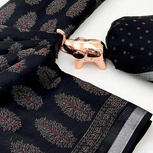 Classic Black Linen Cotton Saree Featuring Floral Ajrakh Print & Rich Silver Zari Border