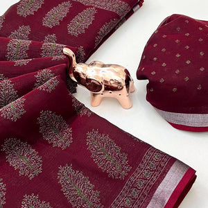 Classic Maroon Linen Cotton Saree Featuring Floral Ajrakh Print & Rich Silver Zari Border