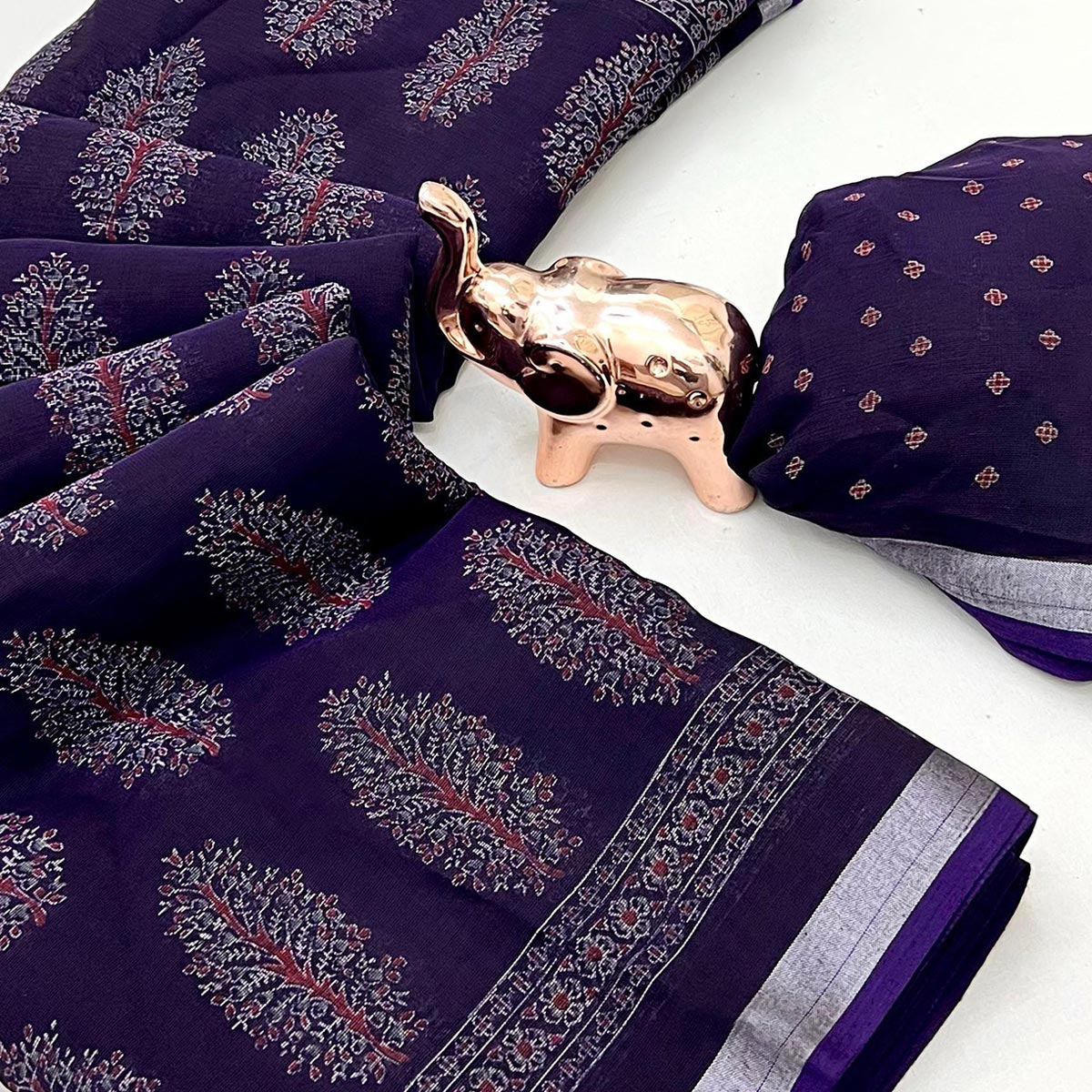 Classic Purple Linen Cotton Saree Featuring Floral Ajrakh Print & Rich Silver Zari Border