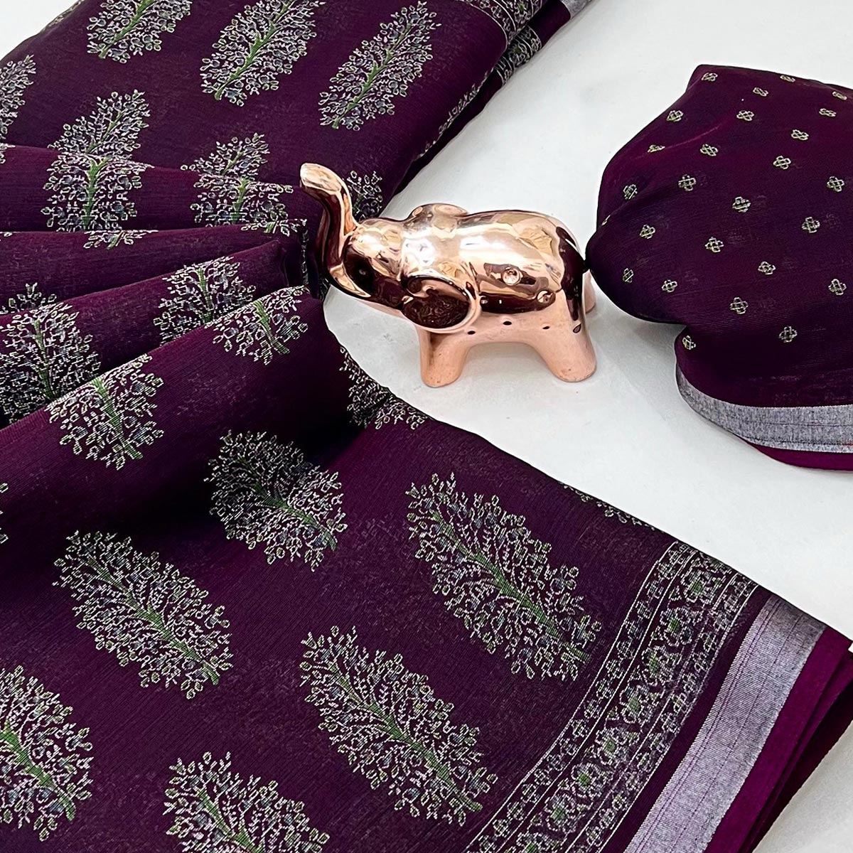 Classic Wine Linen Cotton Saree Featuring Floral Ajrakh Print & Rich Silver Zari Border