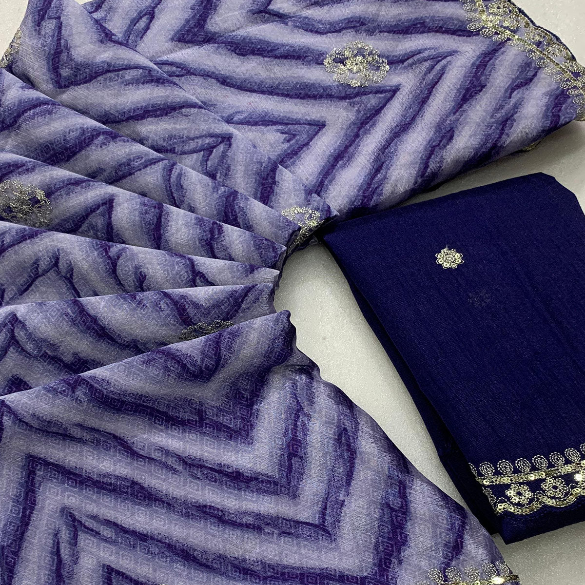 Blue Leheriya Printed With Sequins Embroidered Chinon Saree