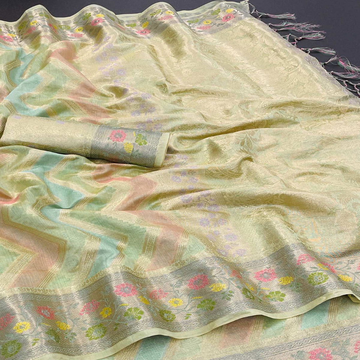 Green Woven Organza Saree With Tassels