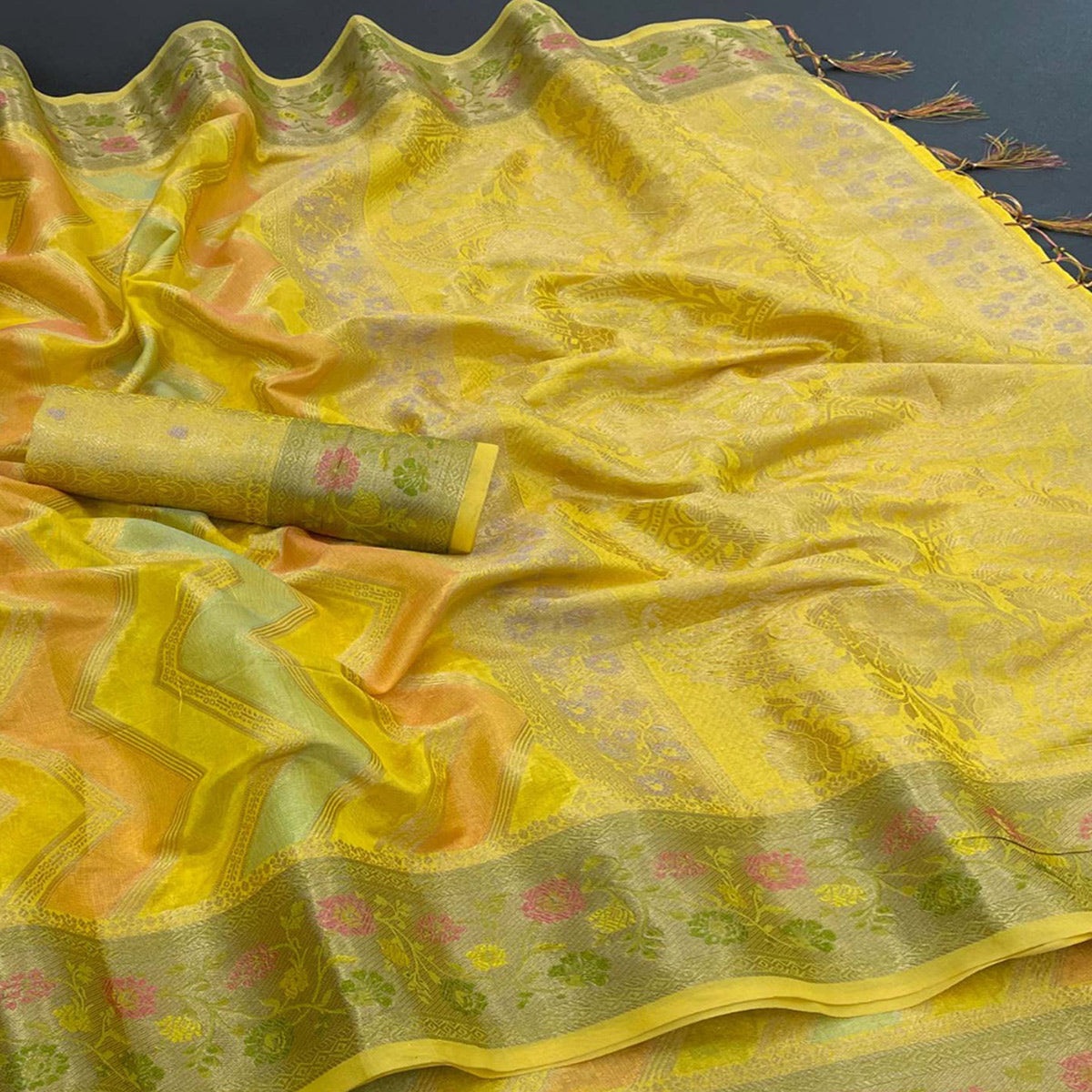 Yellow Woven Organza Saree With Tassels