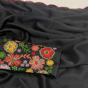 Black Solid Art Silk Saree With Embroidered Border
