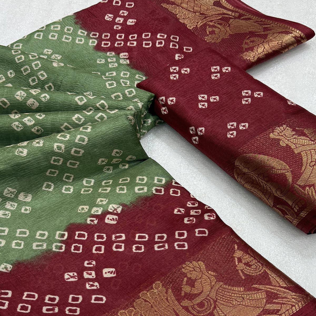 Classic Green & Maroon Bandhani Printed Dola Silk Saree With Weaving Jacquard Border