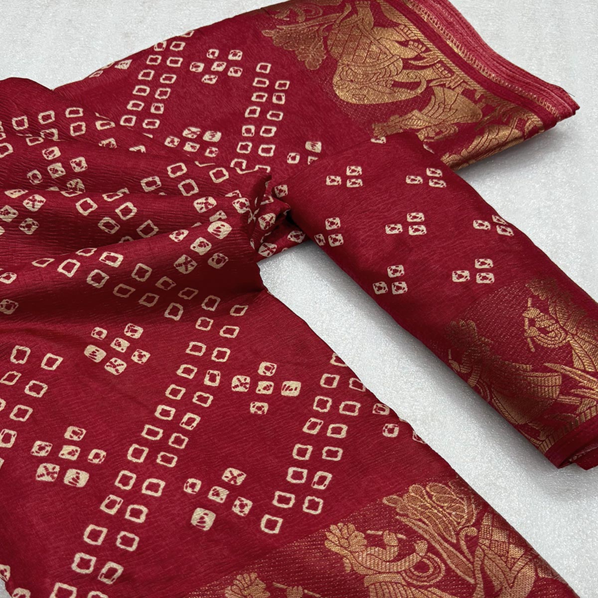 Classic Maroon Bandhani Printed Dola Silk Saree With Weaving Jacquard Border