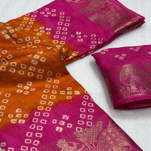 Classic Orange & Pink Bandhani Printed Dola Silk Saree With Weaving Jacquard Border
