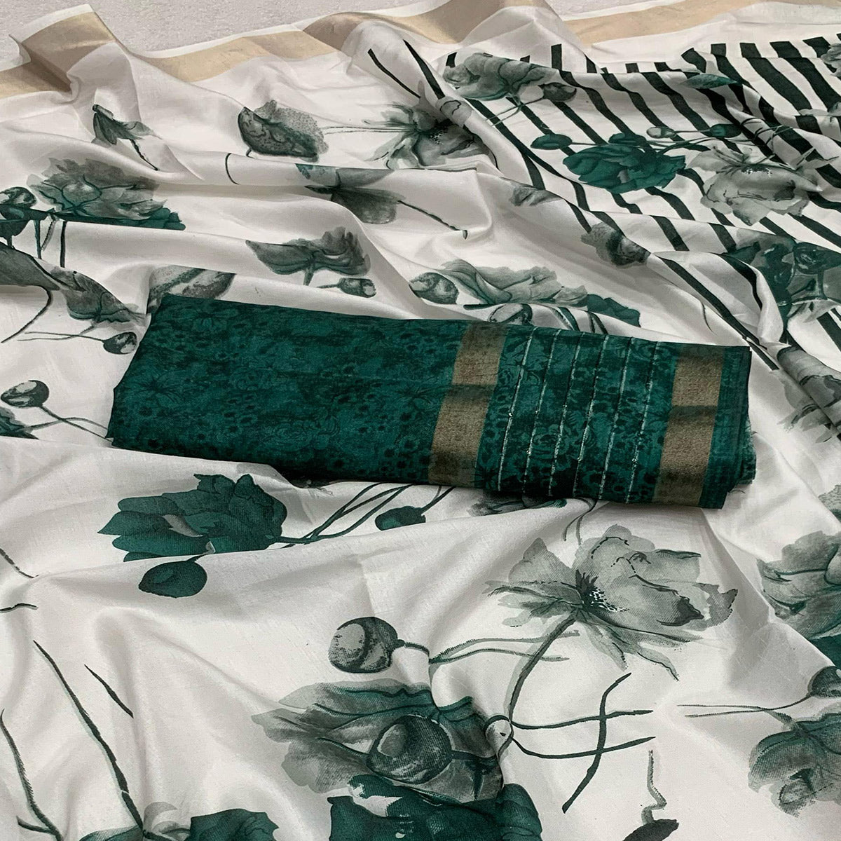 White & Bottle Green Floral Printed Dola Silk Saree With Sequins Border