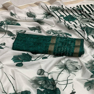 White & Bottle Green Floral Printed Dola Silk Saree With Sequins Border