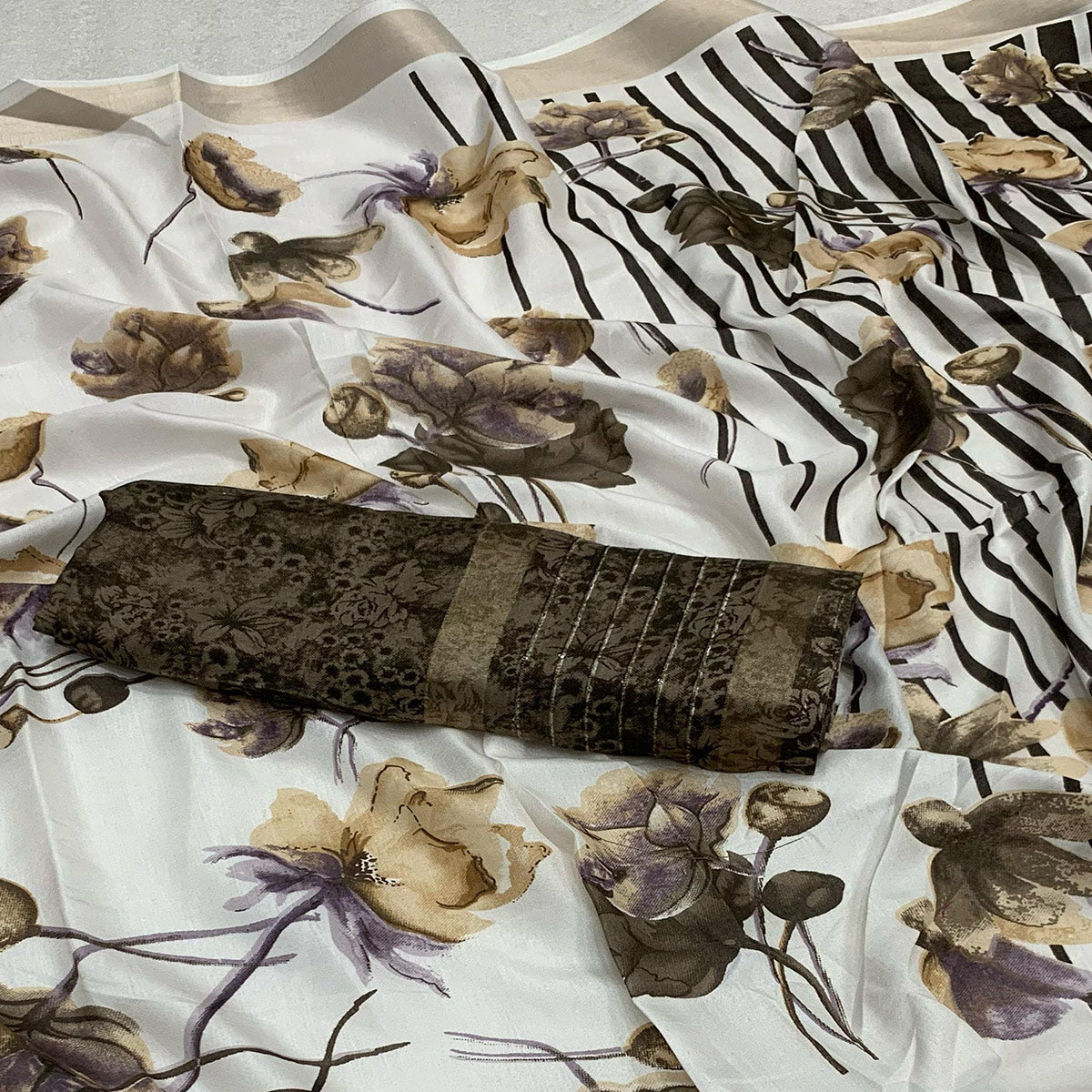 White & Brown Floral Printed Dola Silk Saree With Sequins Border