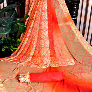 Chikoo & Orange Bandhani Printed Georgette Saree With Zari Border