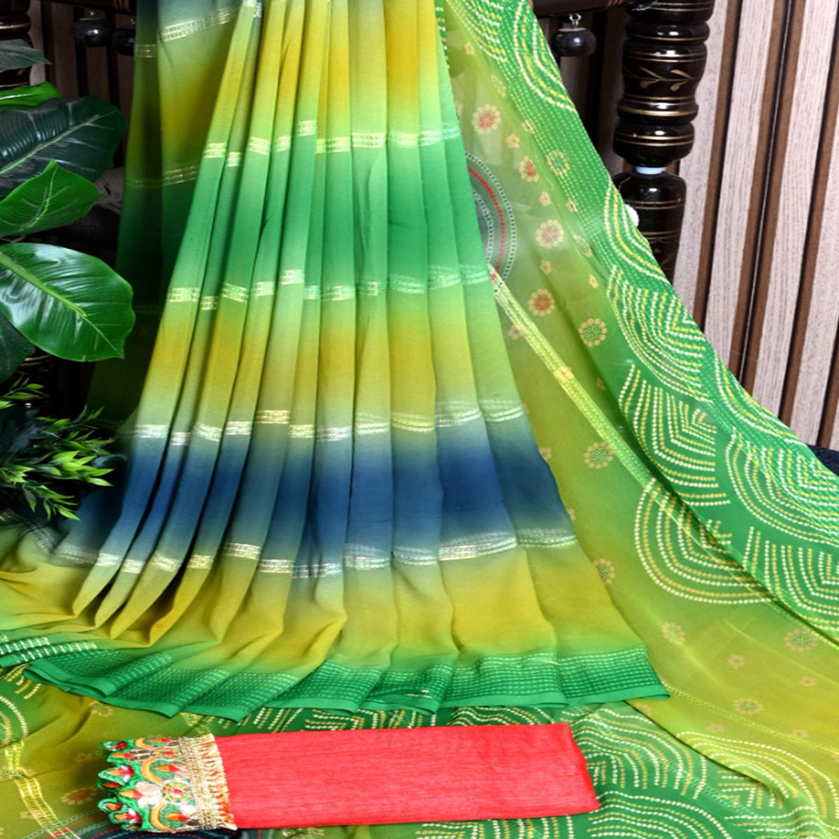 Green Bandhani Printed Georgette Saree With Zari Border