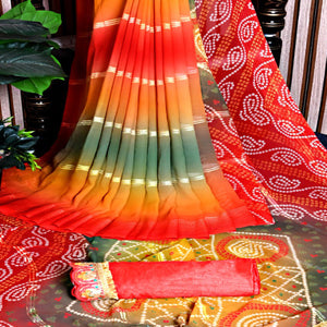 Orange Bandhani Printed Georgette Saree With Zari Border