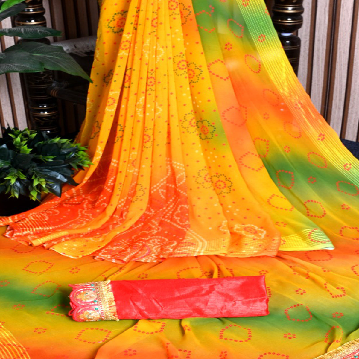 Yellow Bandhani Printed Georgette Saree With Zari Border