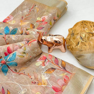 Beautiful Beige Floral Printed Saree in Lightweight Soft Linen Fabric
