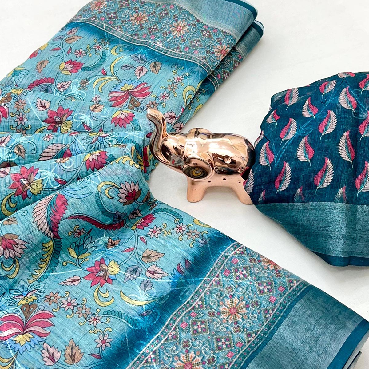 Beautiful Dark Teal Floral Printed Saree in Lightweight Soft Linen Fabric