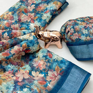 Beautiful Light Blue Floral Printed Saree in Lightweight Soft Linen Fabric