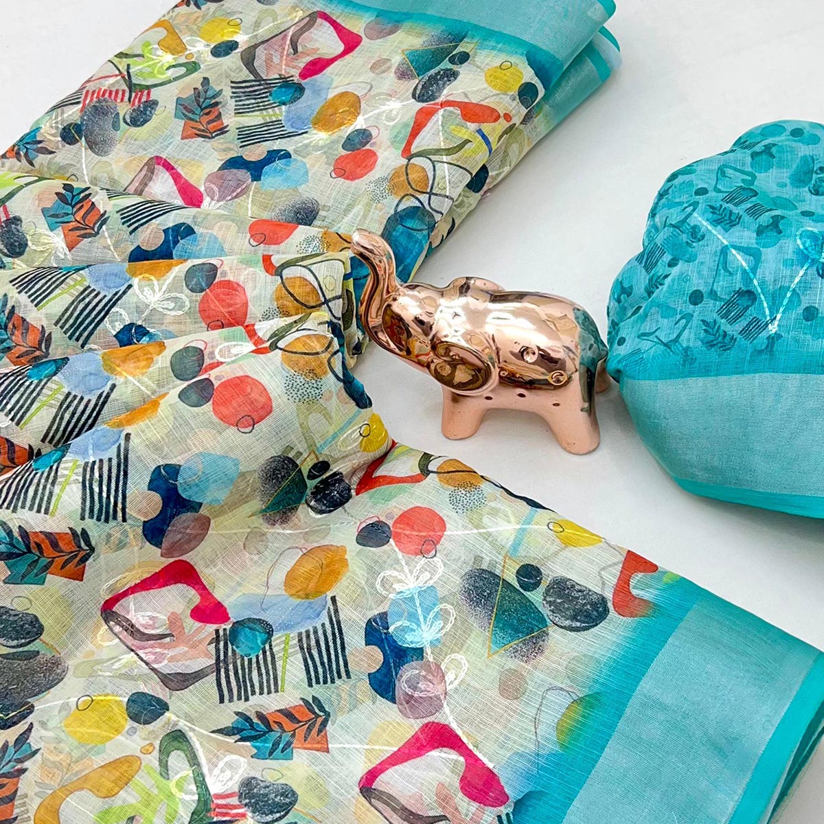 Beautiful Mint Green Floral Printed Saree in Lightweight Soft Linen Fabric