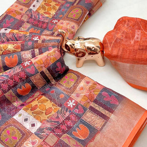Beautiful Peach Floral Printed Saree in Lightweight Soft Linen Fabric