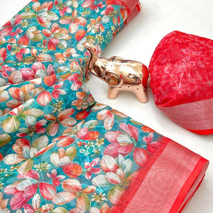 Beautiful Teal Floral Printed Saree in Lightweight Soft Linen Fabric