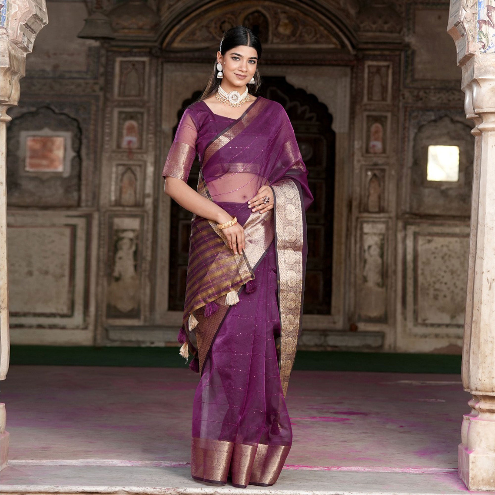 Purple Sequins Embroidered Organza Saree With Woven Border